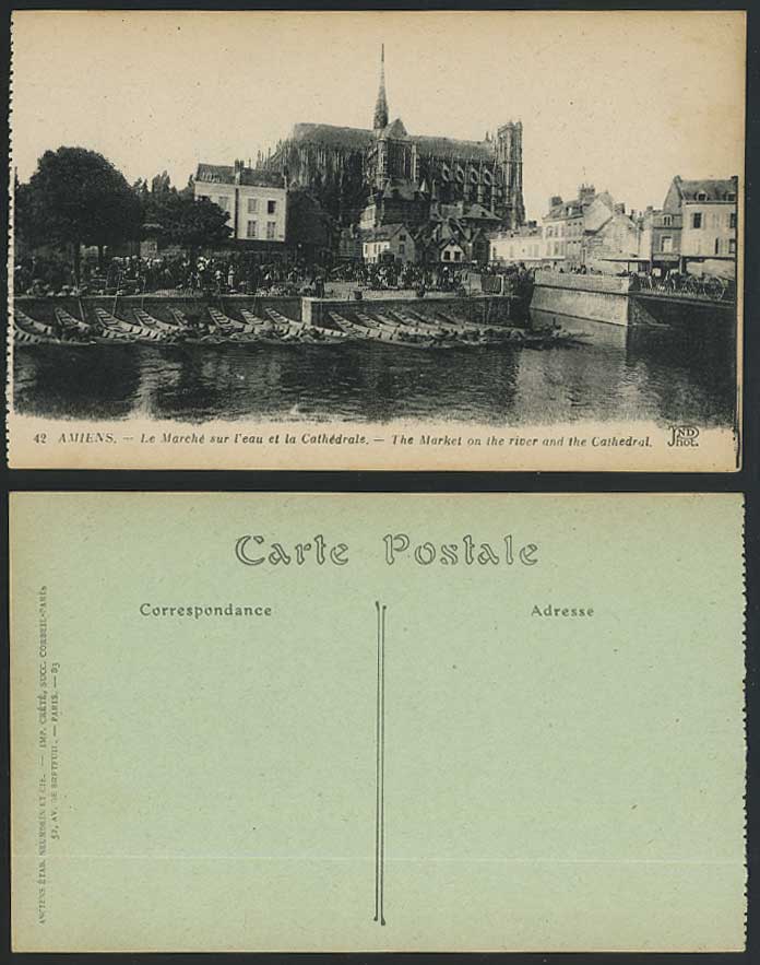 France AMIENS Old Postcard Fish Market, River & Cathedral, Fishing Boats Fishery