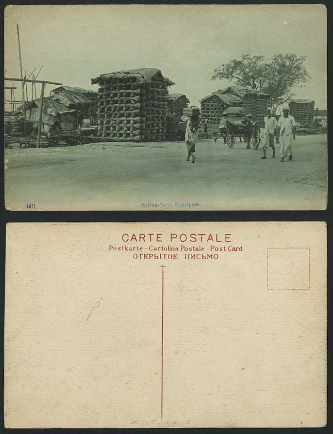Singapore Old Postcard Rattan Yard Street Scene Rickshaw 6445 Coolie Huts Malaya