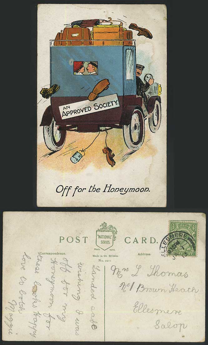 Off For the Honeymoon, An Approved Society, Vintage Car, Comic 1913 Old Postcard
