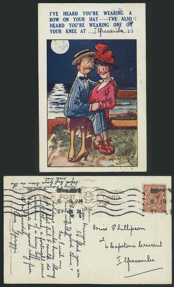 Wearing a Bow on Hat & Knee at Ilfracombe 1921 Old Postcard Romance by Moonlight