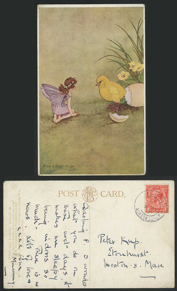 IR & G OUTHWAITE 1931 Old Postcard Chick Bird Egg Fairy - What a Fright She Got!