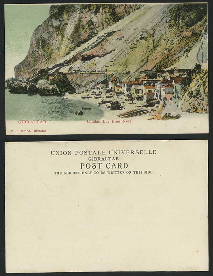 Gibraltar Old Colour UB Postcard CATALAN BAY from NORTH Beach Boats Village Rock