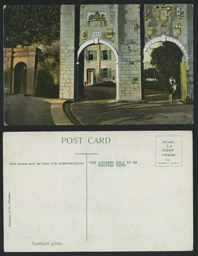 Gibraltar Old Color Postcard SOUTHPORT GATES Gate 1883 Coat of Arms Donkey Rider