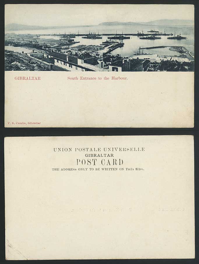 Gibraltar Old U.B. Postcard South Entrance to The Harbour - Warships Battleships