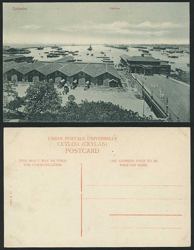 Ceylon Old Postcard Colombo Harbour, Quay Wharf Ships Boats Double Bullock Carts
