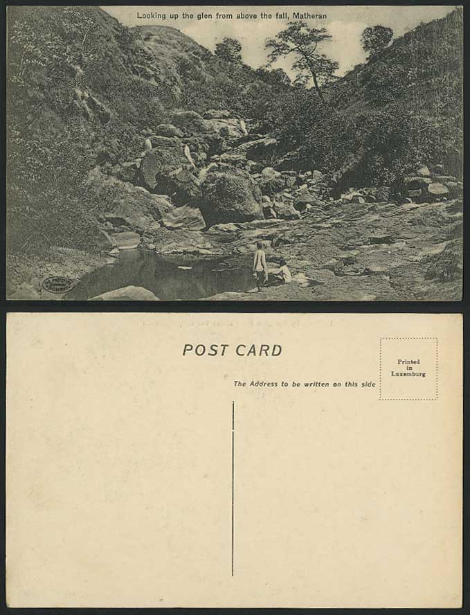 India Old Postcard MATHERAN, Looking Up The Glen from above the Fall, Rocks, Boy