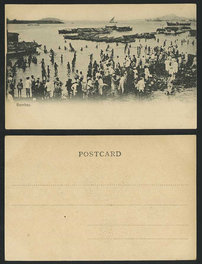 India Old UB Postcard Bombay Seashore View, Bathers Bathing Native Boats Sampans