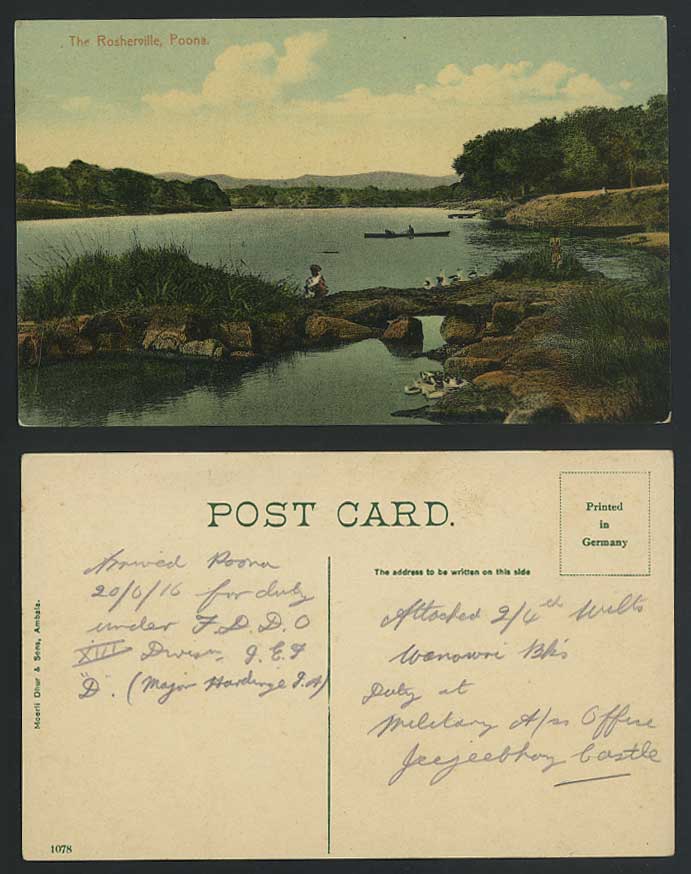 India 1916 Old Colour Postcard The Rosherville POONA, Stone Bridge, Birds & Boat