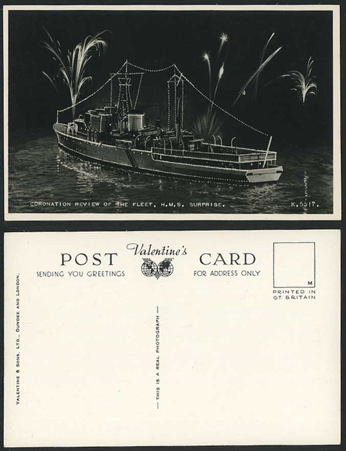 H.M.S. SURPRISE, Coronation Review of Fleet Fireworks Night Warship Old Postcard