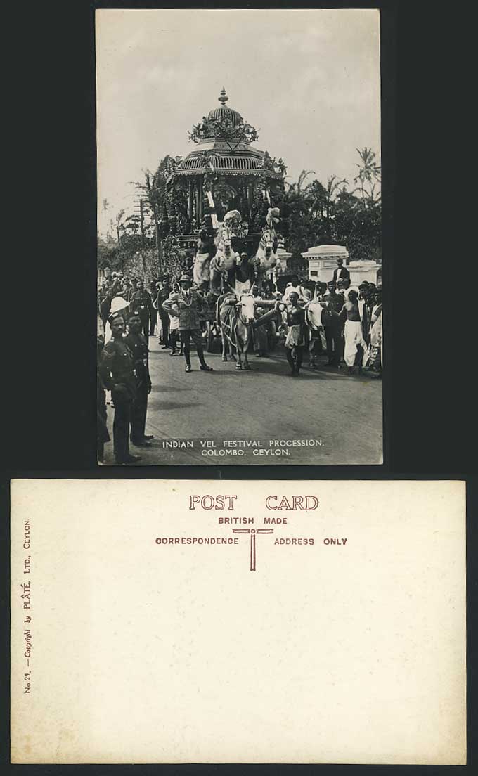 Ceylon Old R.P. Postcard Indian Vel Festival Procession on Street Colombo Police