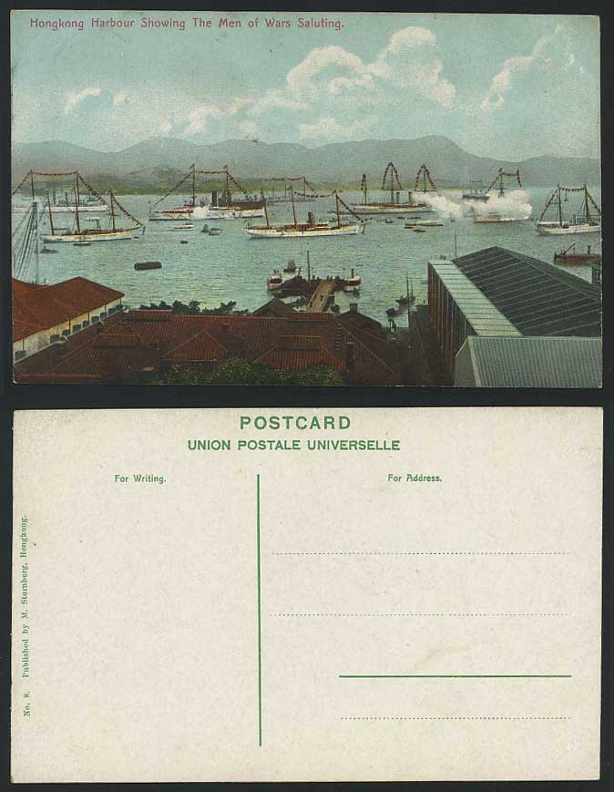 Hong Kong Harbour, Showing MEN OF WARS SALUTING Old Postcard Decorated Steamers
