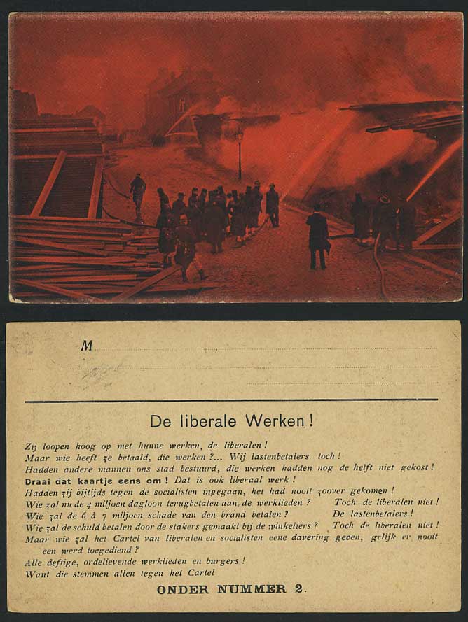 Firefighters Fire Brigade Fighting the Flames - De liberale Werken! Old Postcard