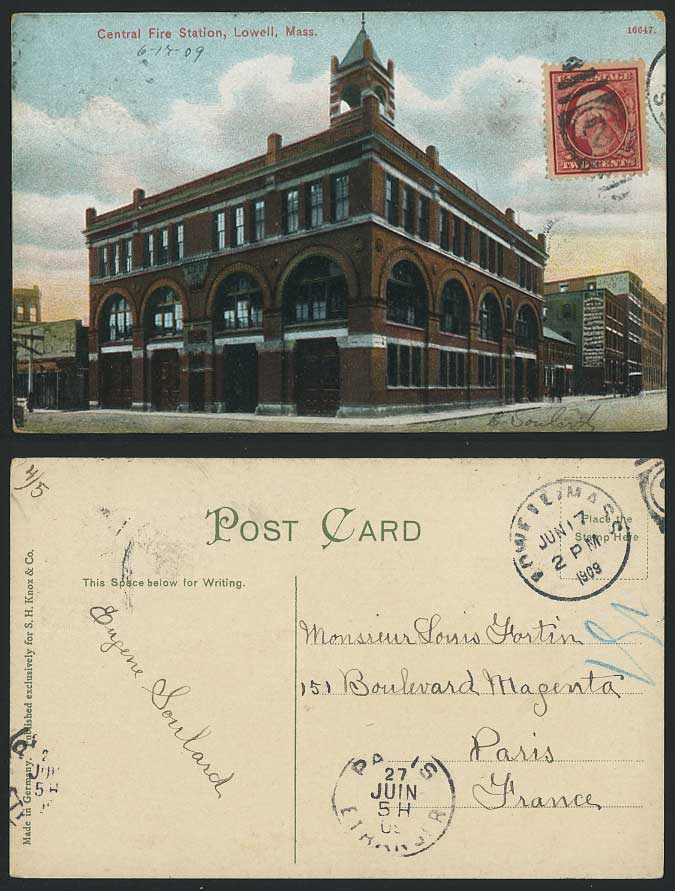 USA 1909 Old Postcard CENTRAL FIRE STATION Lowell Mass Massachusetts Brigade HTC