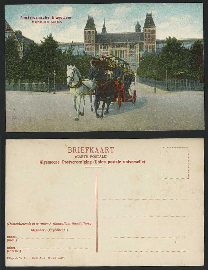 Fire Engine Brigade Firefighters Mechanical Ladder Amsterdam Horses Old Postcard