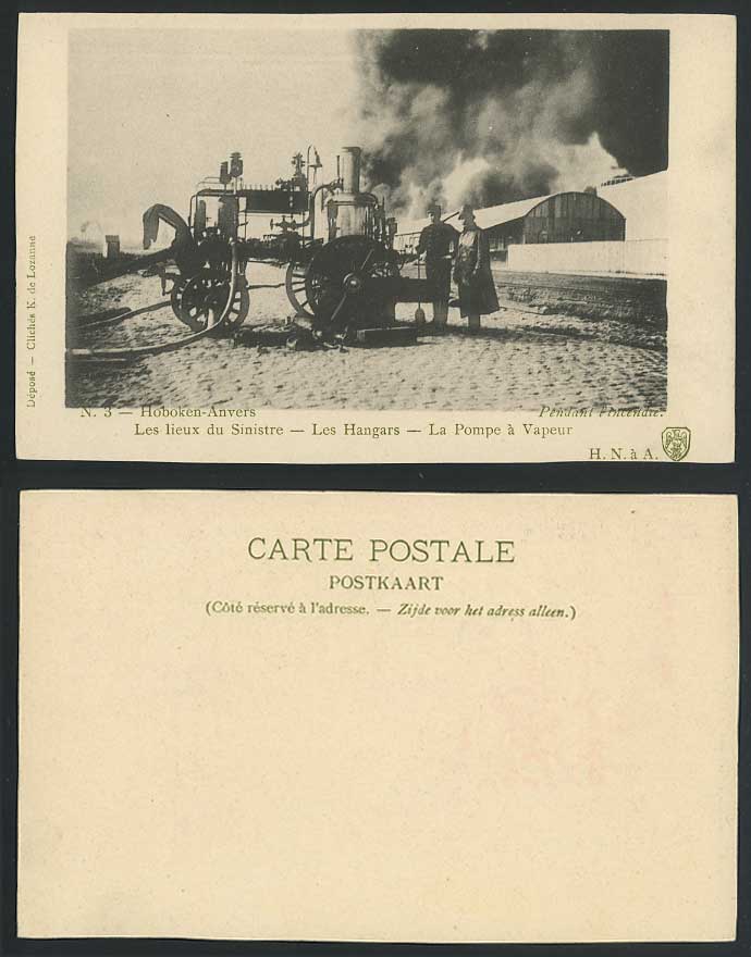 Vintage Fire Engine HOBOKEN Anvers Old U.B. Postcard FIREFIGHTERS & PUMP Firemen