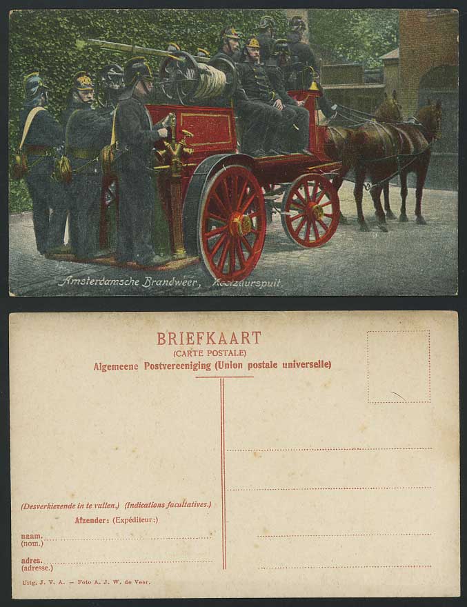 Fire Engine Brigade Fighters, Amsterdam Carbon Dioxide Spray Horses Old Postcard