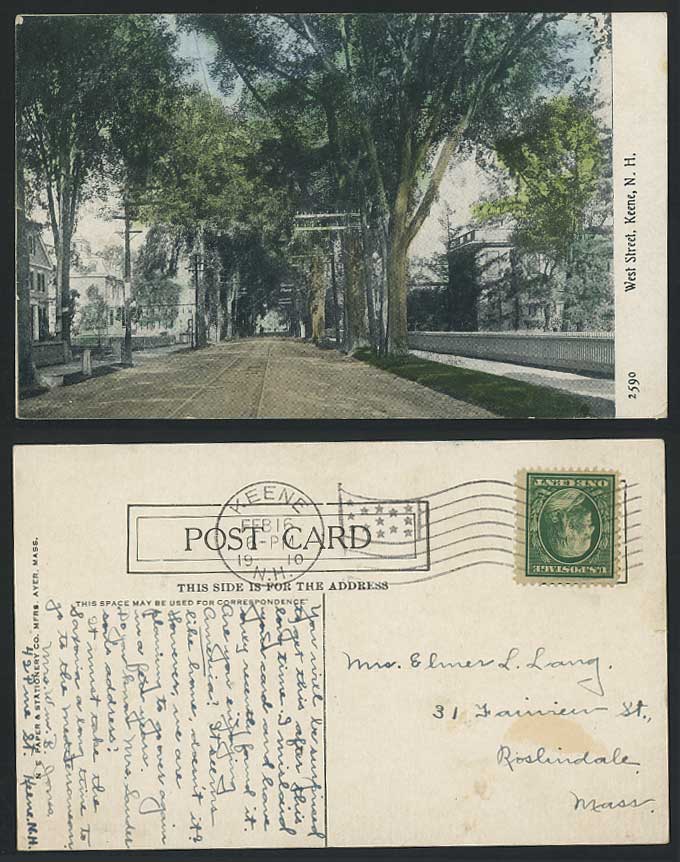 USA 1910 Old Hand Tinted Postcard West Street Scene - Keene N.H. New Hampshire