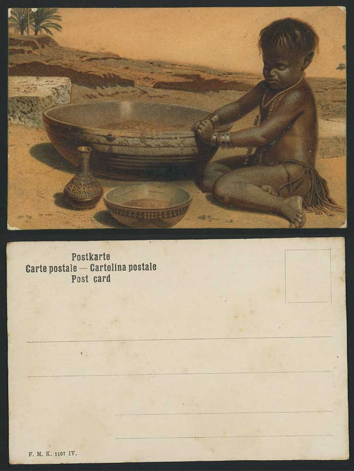 Native Black Child Boy Girl Bowl Vessel, Ethnic Life Art Drawn Old U.B. Postcard