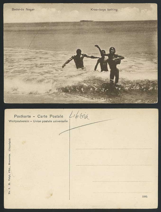 LIBERIA Old Postcard Badende Neger Kruboys Bathing Bather Negro Krutown Krootown