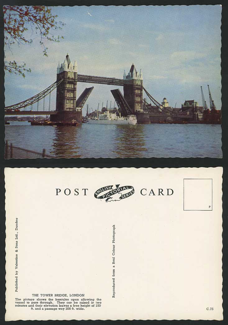 London Old Postcard TOWER BRIDGE Bascules Open Vessel Ship to Pass, Thames River