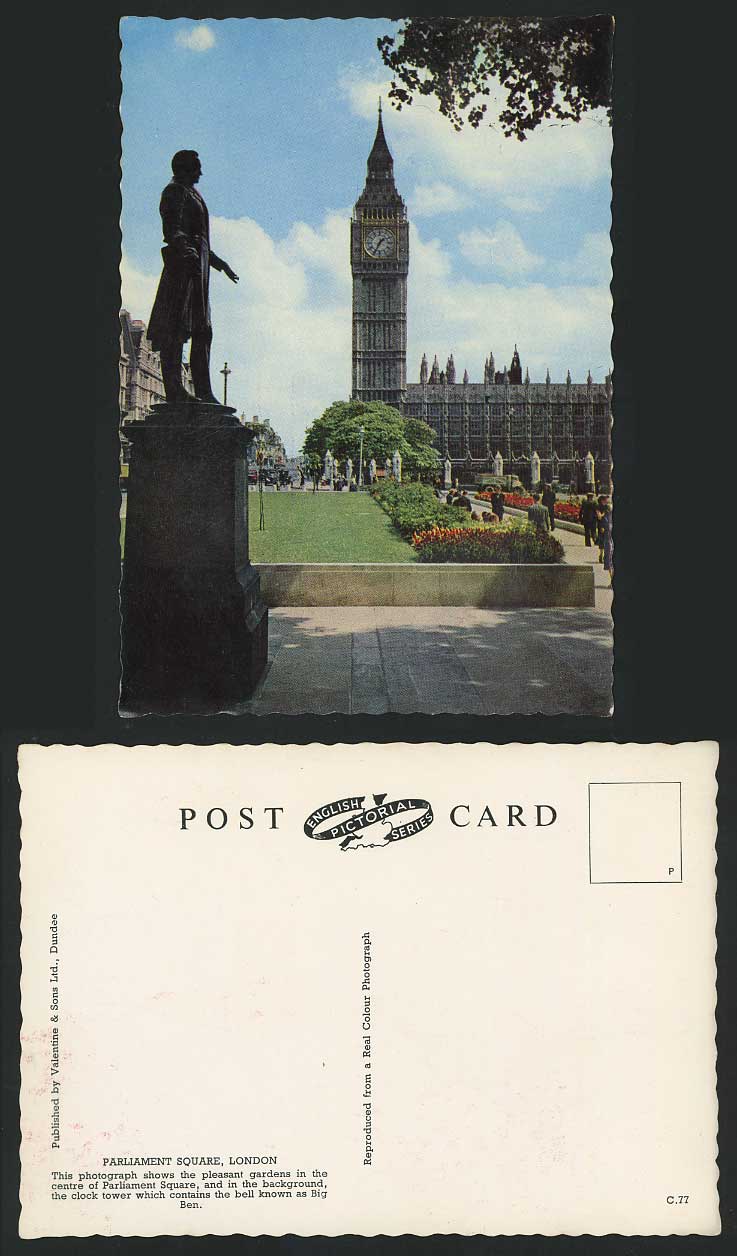 London Old Postcard Parliament Square, Big Ben Clock Tower & Palmerston Monument