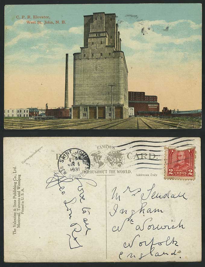 Canada 1931 Old Colour Postcard C.P.R. Elevator Saint St John N.B. New Brunswick