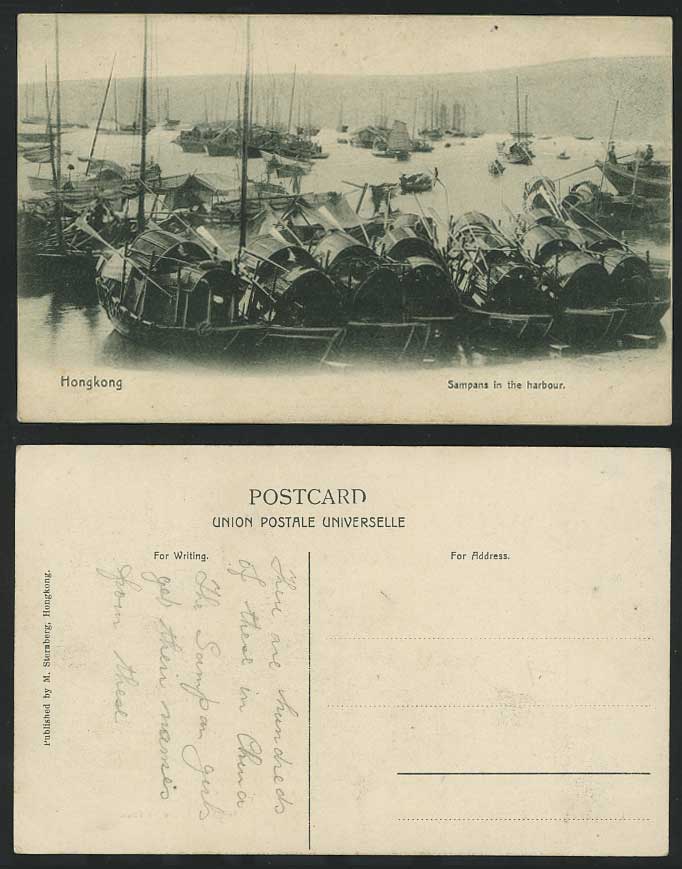 Hong Kong Chinese Junks, Sampans & Native Boats in Harbour Old Postcard Hongkong