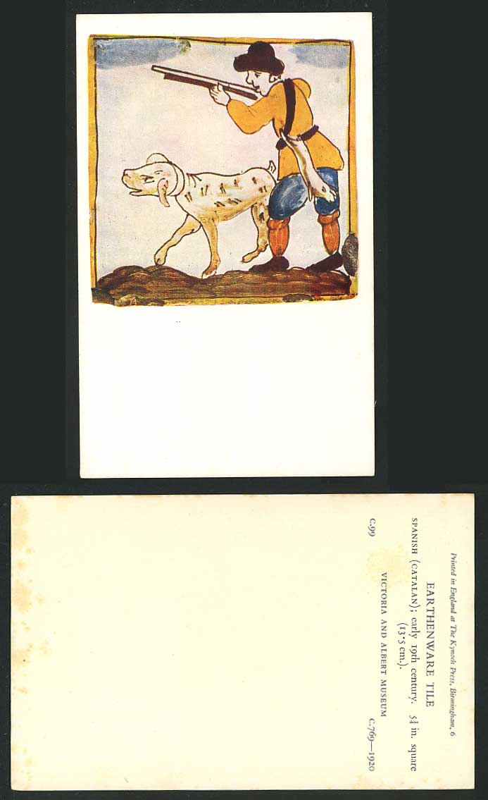 DOG HUNTER Earthenware Tile Spanish Victoria & Albert Museum London Old Postcard