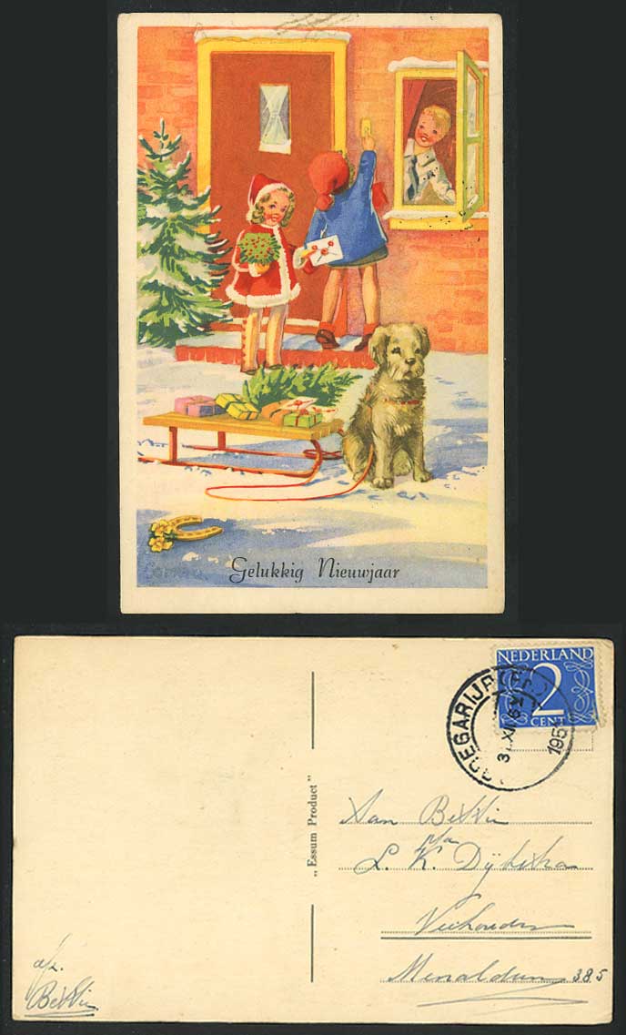 Dog, Boy Girls Horseshoe New Year Greetings Gelukkig Nieuwjaar 1951 Old Postcard