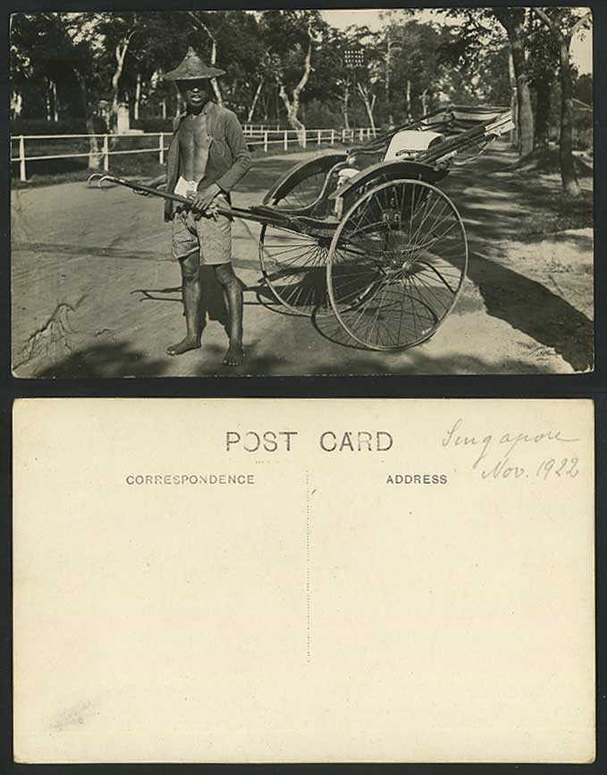 Singapore 1922 Old Real Photo Postcard Native Malay Coolie Rickshaw Street Scene