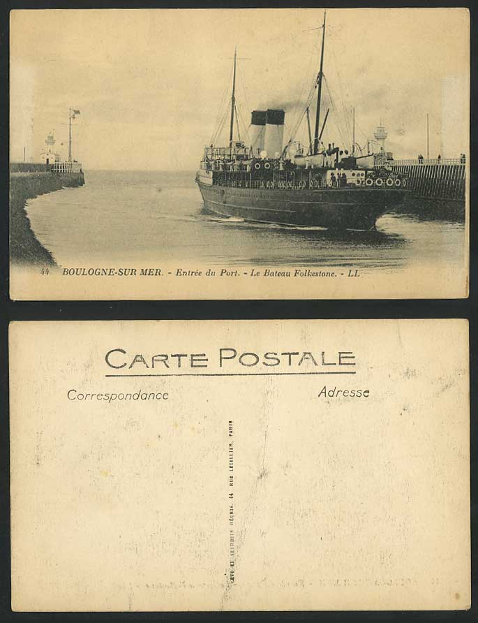 Boulogne-Sur-Mer Lighthouse Harbour Entrance, Folkestone Steam Ship Old Postcard