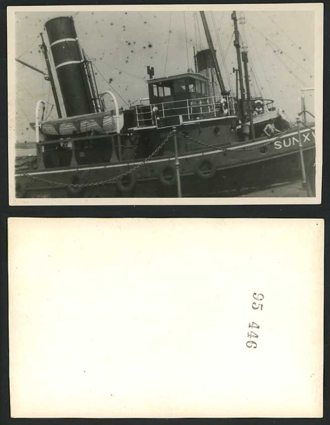 SUN XV Steamer Steam Ship Shipping Funnel Lifeboat Belts Old Real Photo Postcard