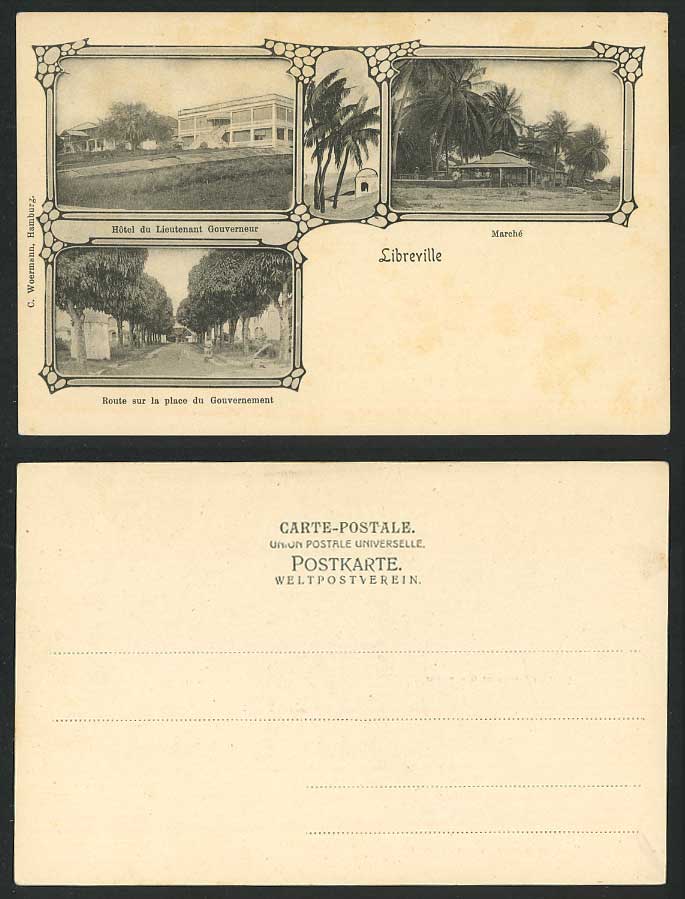 Gabon Libreville Old U.B. Postcard Market Marche, Hotel du Lieutenant Gouverneur