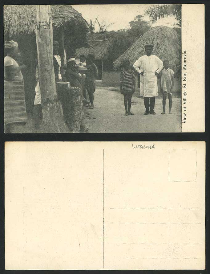 LIBERIA Old Postcard Village St. Kor Monrovia, Native Huts Little Boys Men Woman