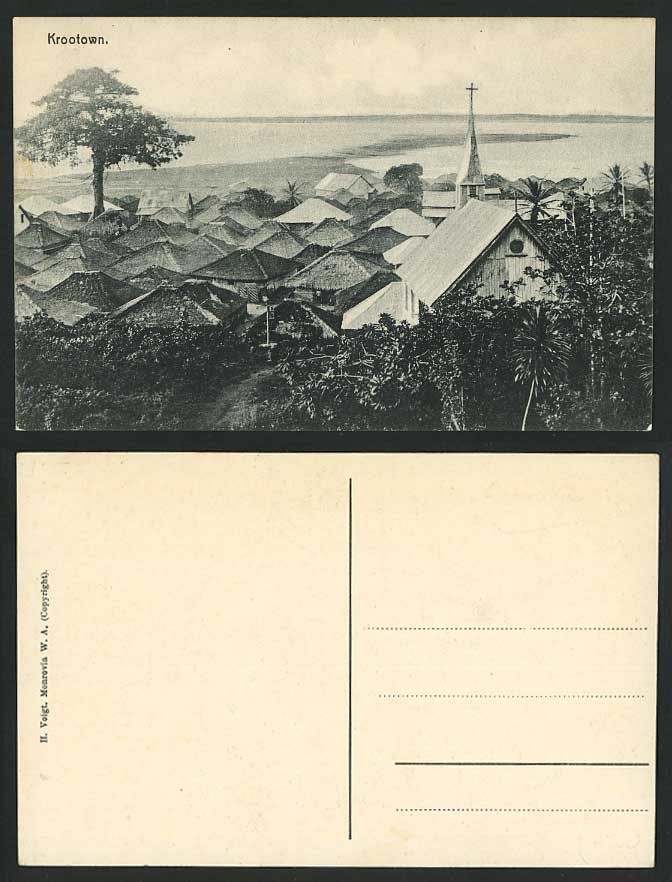 LIBERIA Old Postcard KROOTOWN MONROVIA Krutown Church Tower Native Huts Panorama