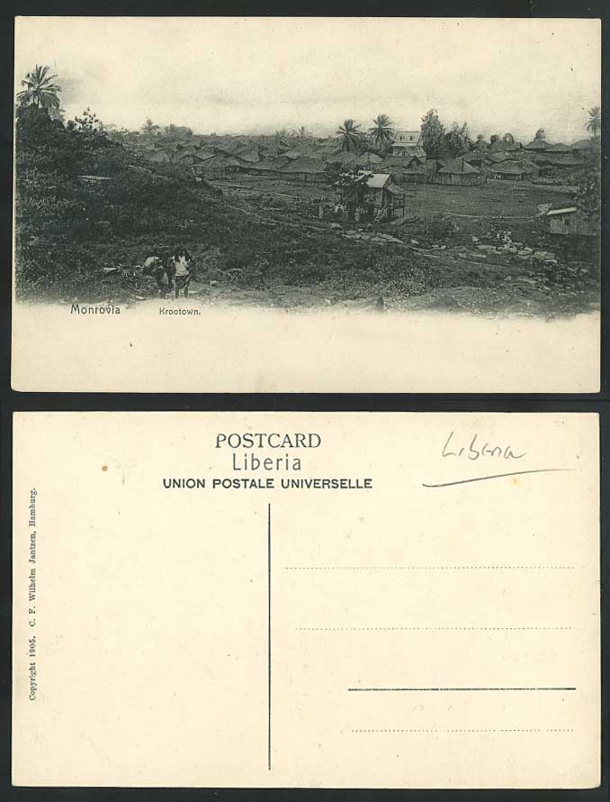 LIBERIA c.1905 Old Postcard KROOTOWN Krutown MONROVIA Village Huts Natives Palms