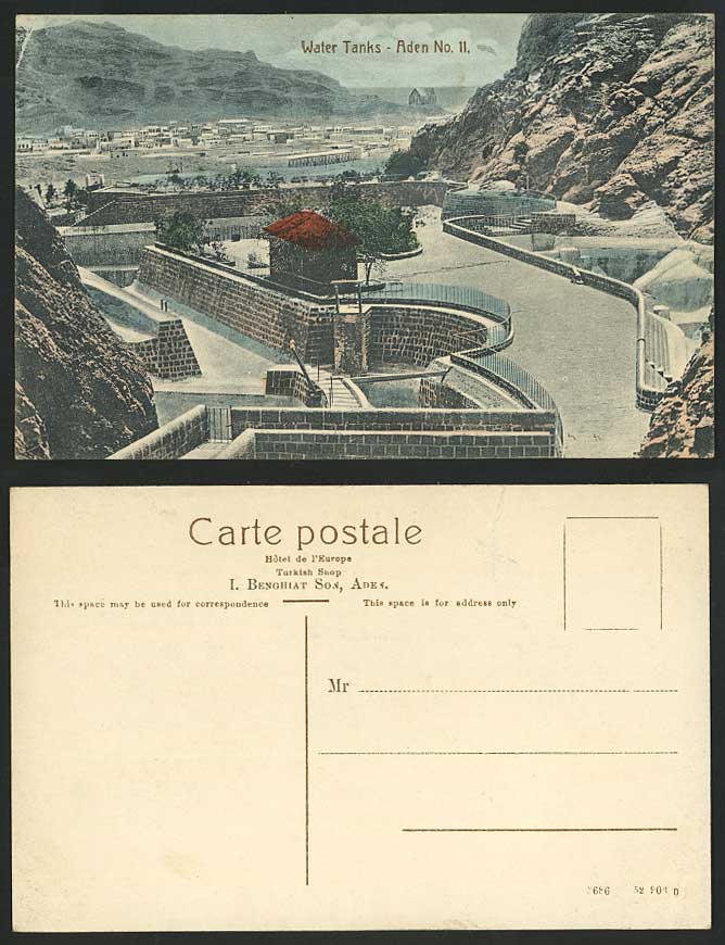 Aden, WATER TANKS No.11 Panorama Old Hand Tinted Colour Postcard Yemen Mountains