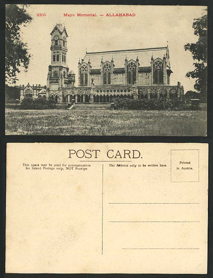 India Allahabad Mayo Memorial Building, Tower c.1910 Old Postcard British Indian