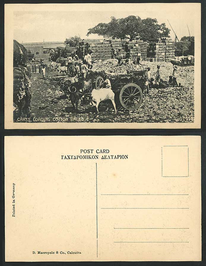 India Old Postcard Bullock Carts Loading Cotton Bales Cattle Workers Ethnic Life