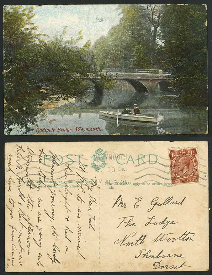 Weymouth 1921 Old Color Postcard Radipole Bridge Boat Boating River Scene Dorset
