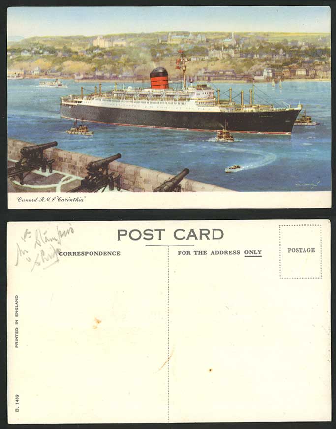 Cunard Line R.M.S. Carinthia Cruise Liner Steam Ship Steamer Old Postcard Cannon