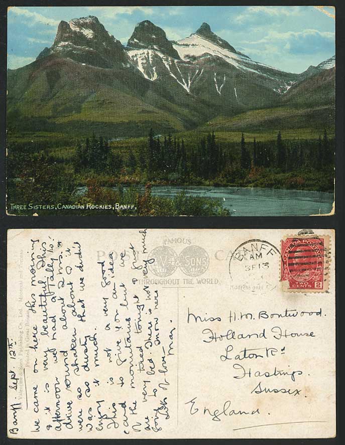 Canada Three Sisters Banff Canadian Rockies Bow River 1912 Old Postcard Mountain