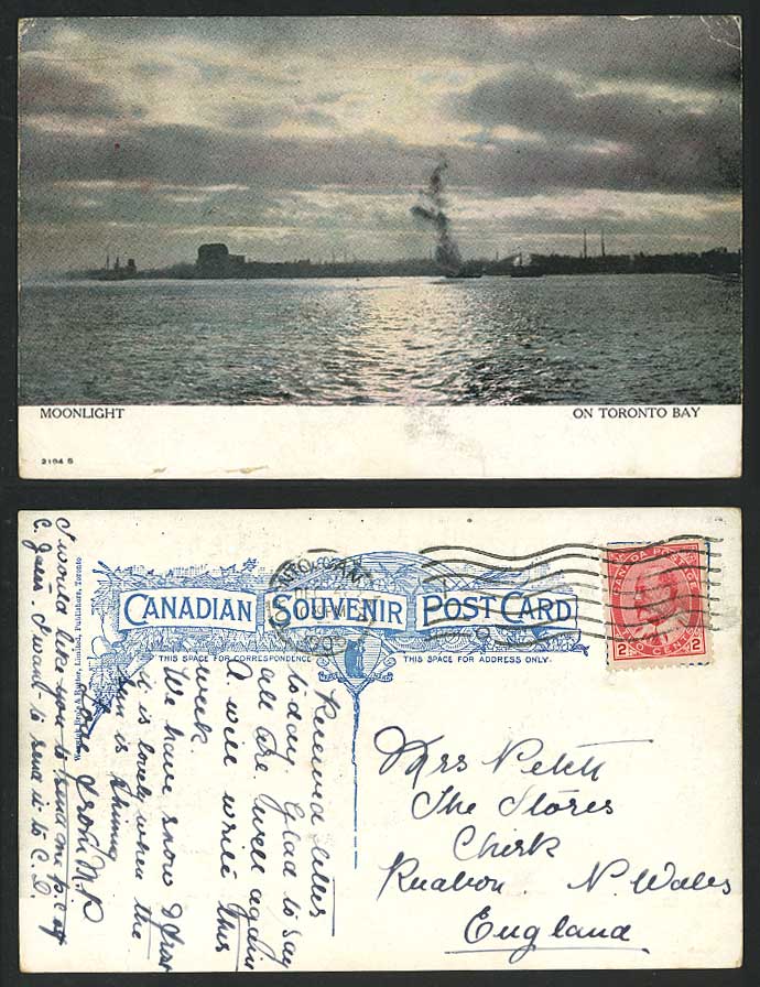Canada - Moonlight On Toronto Bay 1906 Old Colour Postcard Panorama General View