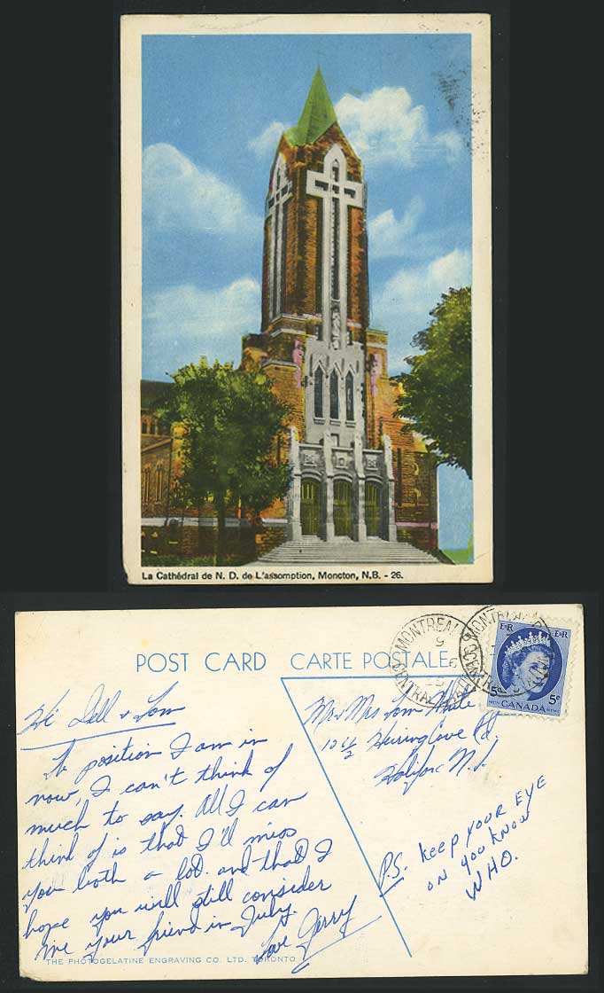 Canada Moncton QEII 5c. Old Postcard La Cathedral de N.D. de L'assomption Church