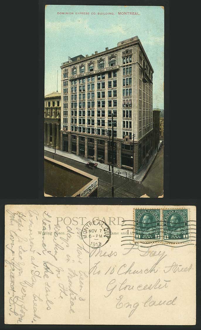 Canada 1913 Old Postcard Dominion Express Co. Building Montreal Street Scene Car