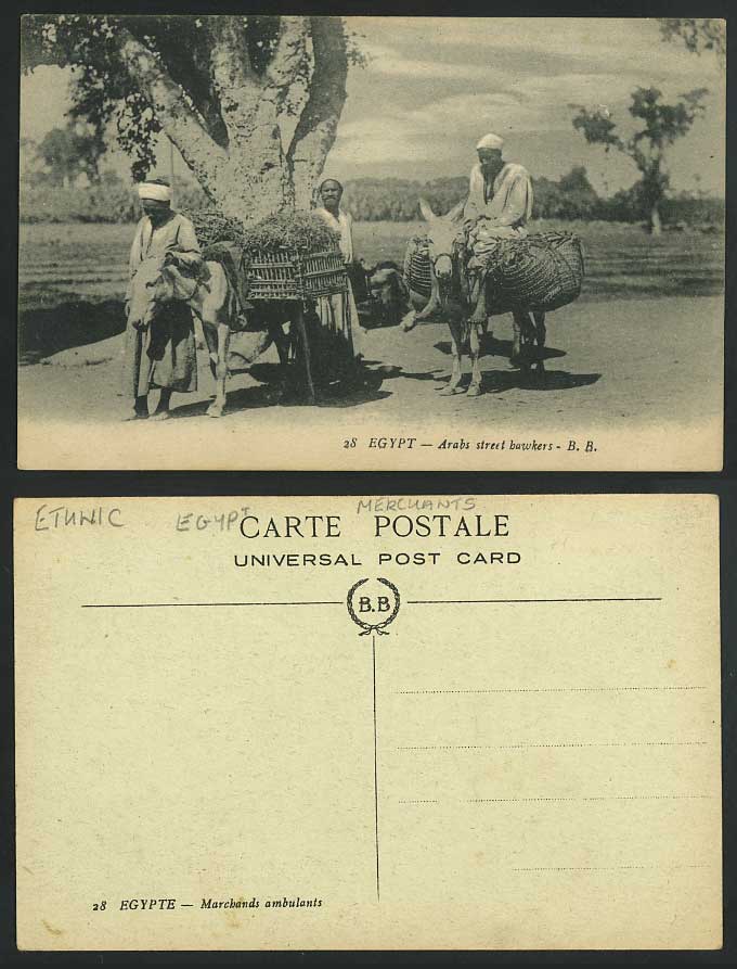 Egypt Old Postcard Arabs Street Hawkers Donkeys Carrying Goods Merchants Vendors