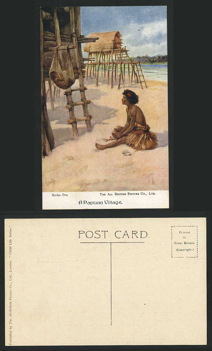 Papua New Guinea A Papuan Village Old Postcard Native Woman Baby Child E S Hardy