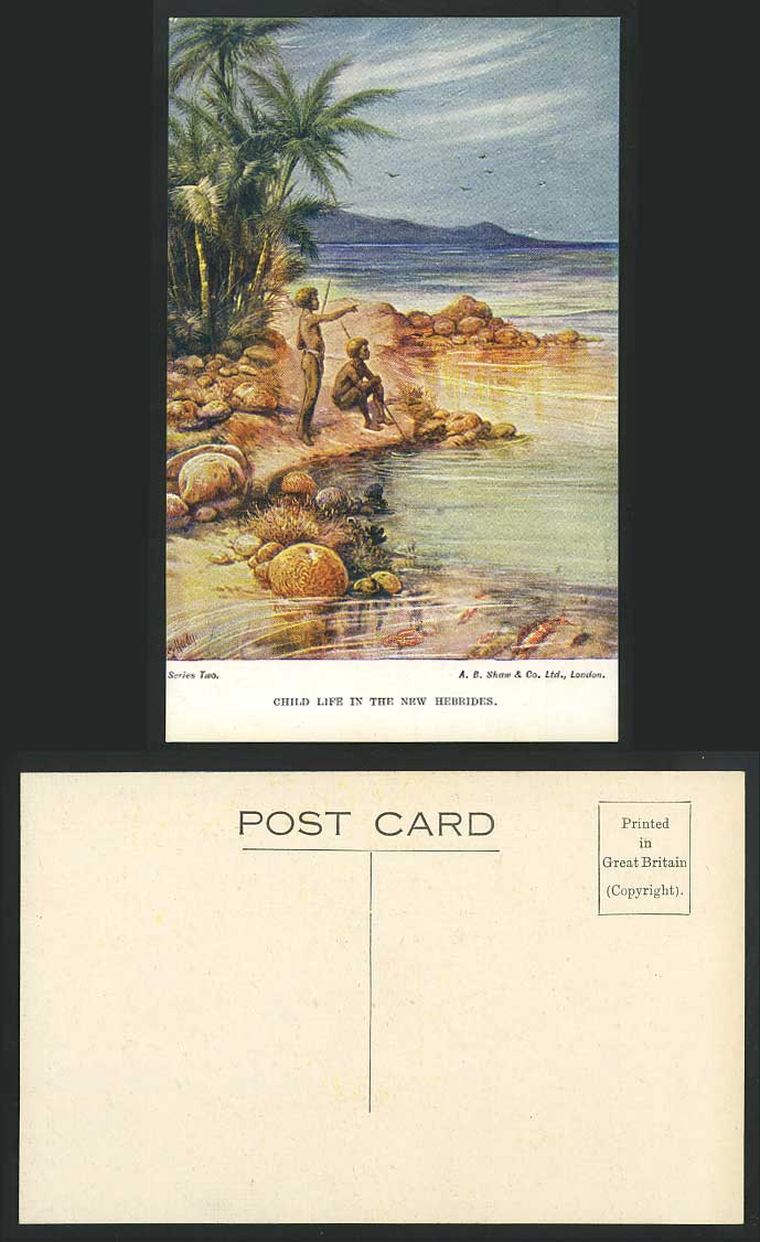 NEW HEBRIDES Old Postcard 2 Native Little Boys CHILD LIFE Coast Palm Trees Rocks