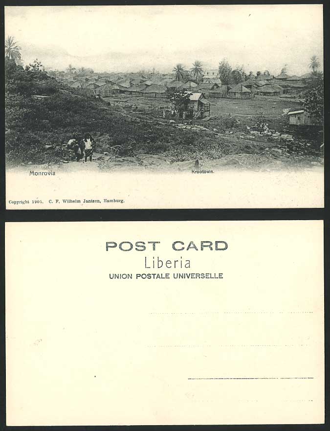 LIBERIA Old Postcard KROOTOWN Krutown MONROVIA, Village Huts Houses & Palm Trees