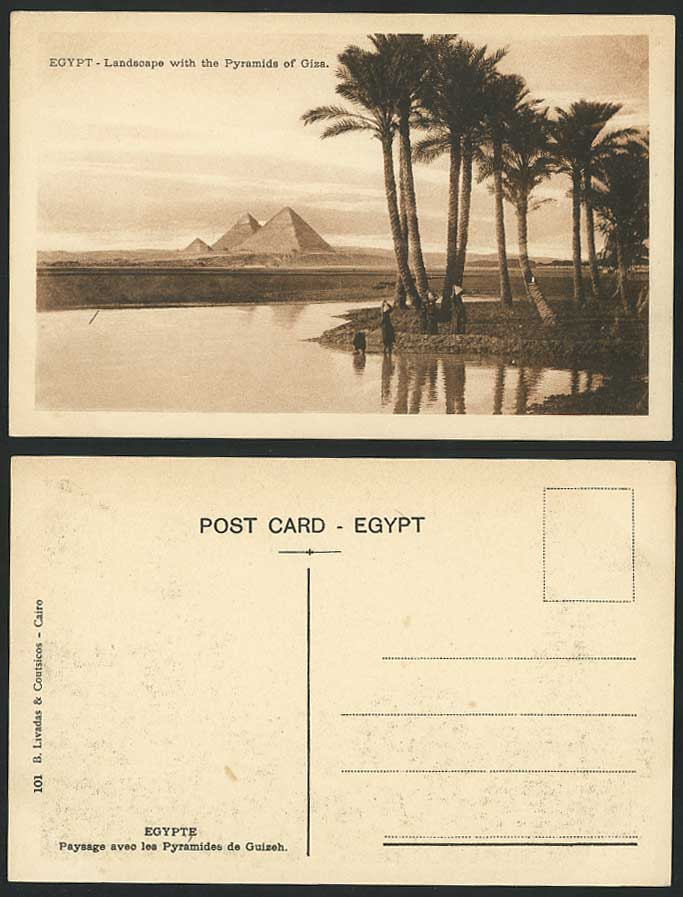 Egypt Old Postcard Landscape with Pyramids of GIZA Women Drawing Water Nil River